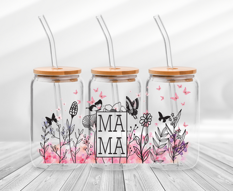 Mama Pink Butterfly and Flowers- 16oz UV DTF Wrap